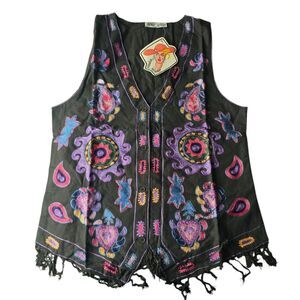 Black and Purple Floral Vest with Fringe